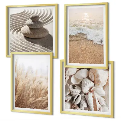 Set de 4 cuadros para salón con motivos de playa, conchas y olas