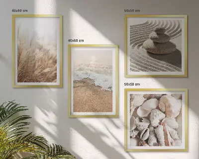 Set de 4 cuadros para salón con motivos de playa, conchas y olas
