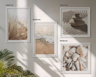 Set de 4 cuadros para salón con motivos de playa, conchas y olas