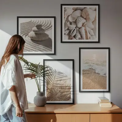 Set de 4 cuadros para salón con motivos de playa, conchas y olas
