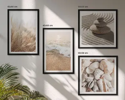 Set de 4 cuadros para salón con motivos de playa, conchas y olas