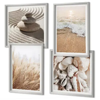 Set de 4 cuadros para salón con motivos de playa, conchas y olas