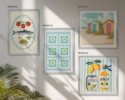 Set de cuadros modernos para salón con ilustraciones de la cocina mediterránea