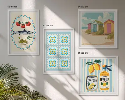 Set de cuadros modernos para salón con ilustraciones de la cocina mediterránea