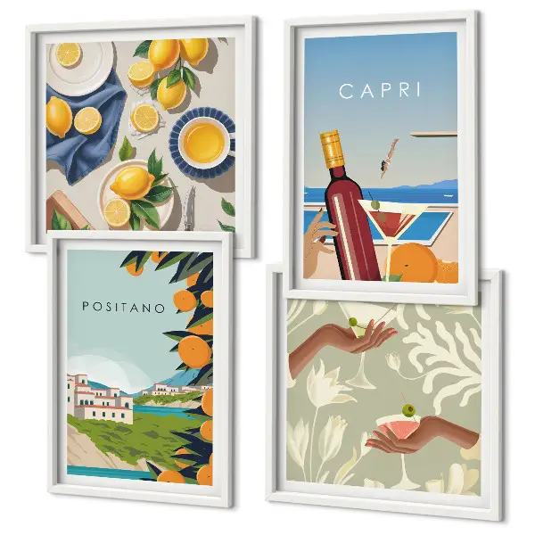 Set de cuadros modernos para salón diseño de vacaciones italianas con limones en Capri