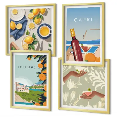 Set de cuadros modernos para salón diseño de vacaciones italianas con limones en Capri
