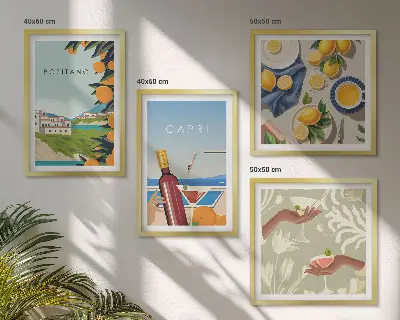 Set de cuadros modernos para salón diseño de vacaciones italianas con limones en Capri