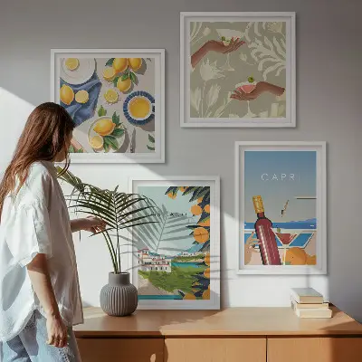 Set de cuadros modernos para salón diseño de vacaciones italianas con limones en Capri