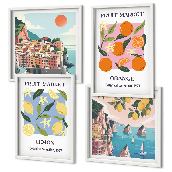 Set de 4 cuadros para salón Carteles de frutas: limones y naranjas