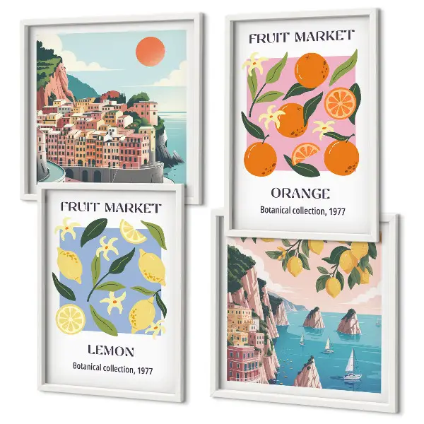 Set de 4 cuadros para salón con diseño de carteles de limones y naranjas