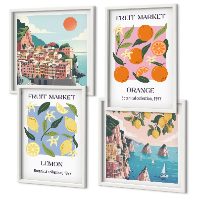 Set de 4 cuadros para salón Carteles de frutas: limones y naranjas