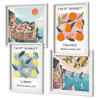 Set de 4 cuadros para salón con diseño de carteles de limones y naranjas