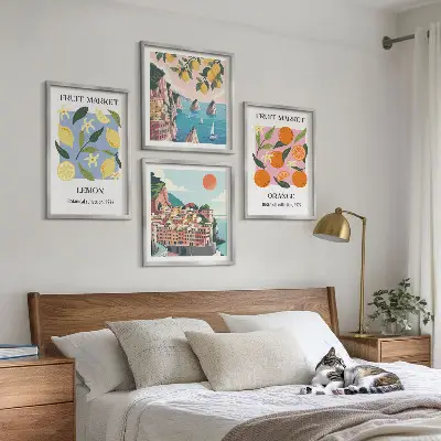 Set de 4 cuadros para salón con diseño de carteles de limones y naranjas