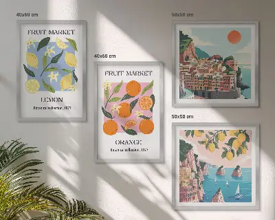 Set de 4 cuadros para salón con diseño de carteles de limones y naranjas