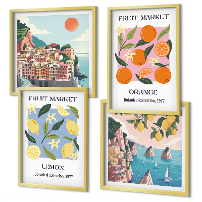 Set de 4 cuadros para salón Carteles de frutas: limones y naranjas