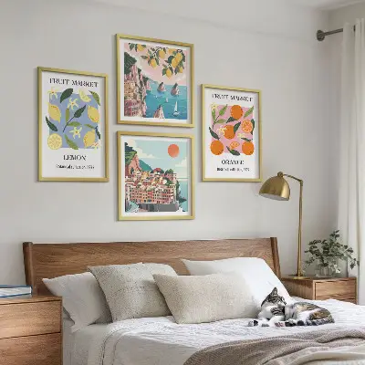 Set de 4 cuadros para salón con diseño de carteles de limones y naranjas