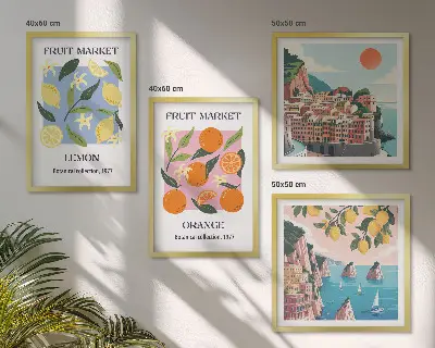 Set de 4 cuadros para salón con diseño de carteles de limones y naranjas