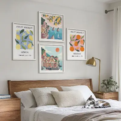 Set de 4 cuadros para salón con diseño de carteles de limones y naranjas