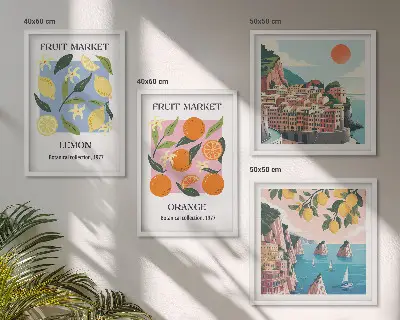 Set de 4 cuadros para salón con diseño de carteles de limones y naranjas