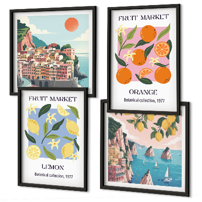 Set de 4 cuadros para salón Carteles de frutas: limones y naranjas