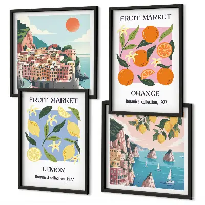 Set de 4 cuadros para salón con diseño de carteles de limones y naranjas