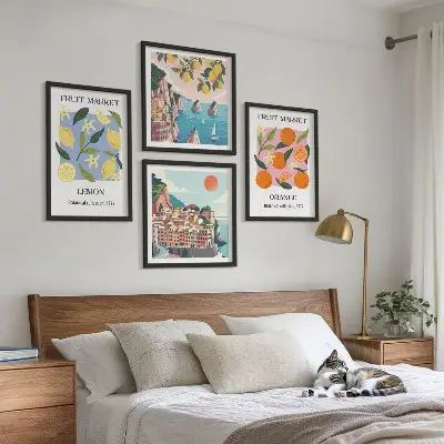 Set de 4 cuadros para salón con diseño de carteles de limones y naranjas