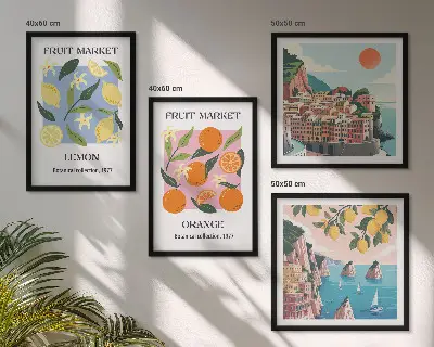 Set de 4 cuadros para salón con diseño de carteles de limones y naranjas