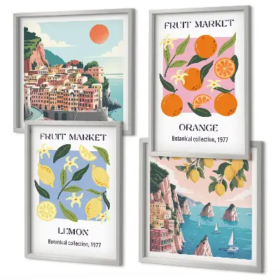 Set de 4 cuadros para salón con diseño de carteles de limones y naranjas