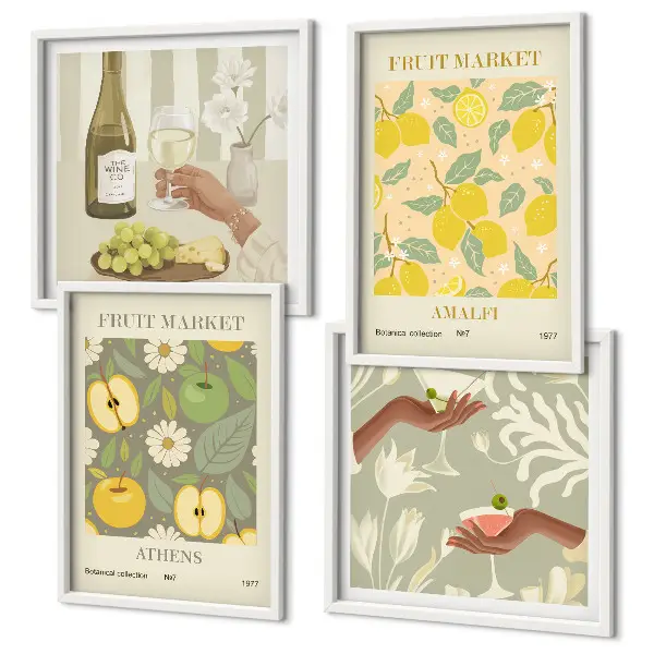 Set de 4 cuadros decorativos con diseño de vino italiano y frutas