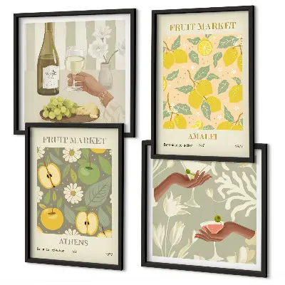 Set de 4 cuadros decorativos con diseño de vino italiano y frutas