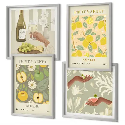 Set de 4 cuadros decorativos con diseño de vino italiano y frutas