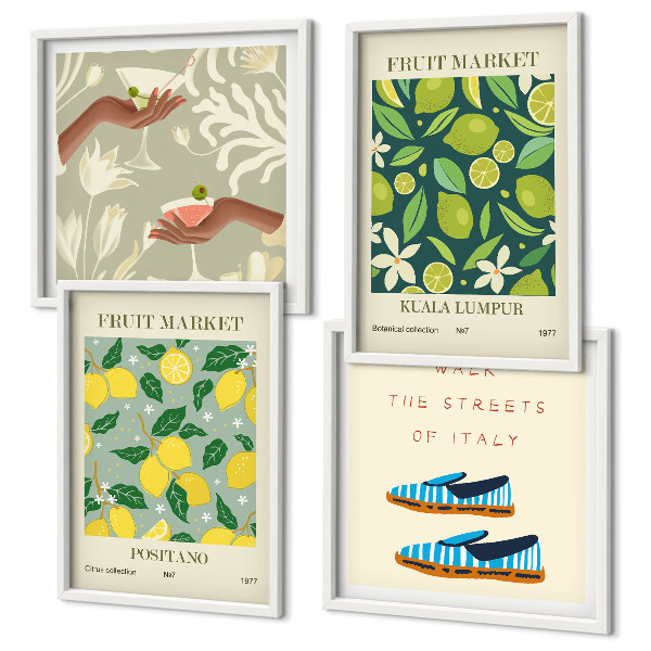 Set de 4 cuadros para salón Carteles italianos con estampados de frutas