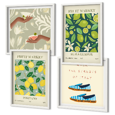 Set de 4 cuadros para salón Carteles italianos con estampados de frutas