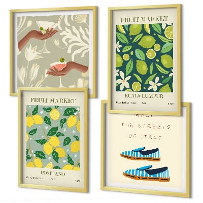 Set de 4 cuadros para salón Carteles italianos con estampados de frutas