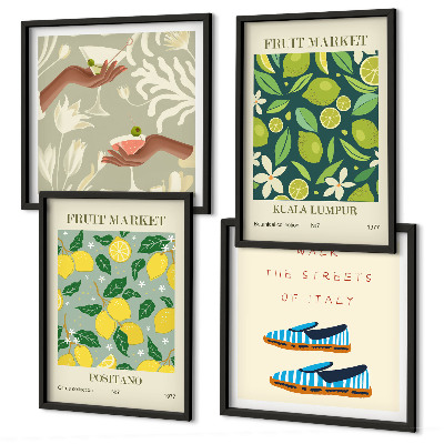 Set de 4 cuadros para salón Carteles italianos con estampados de frutas