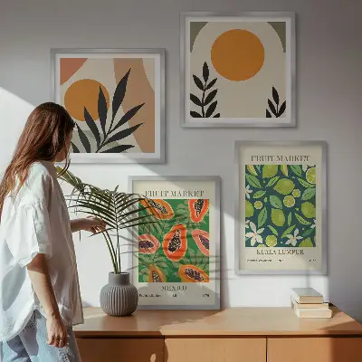 Set de cuadros modernos para salón con estampados de papaya en estilo boho