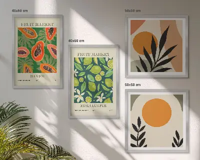 Set de cuadros modernos para salón con estampados de papaya en estilo boho