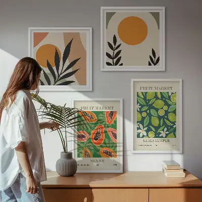 Set de cuadros modernos para salón con estampados de papaya en estilo boho