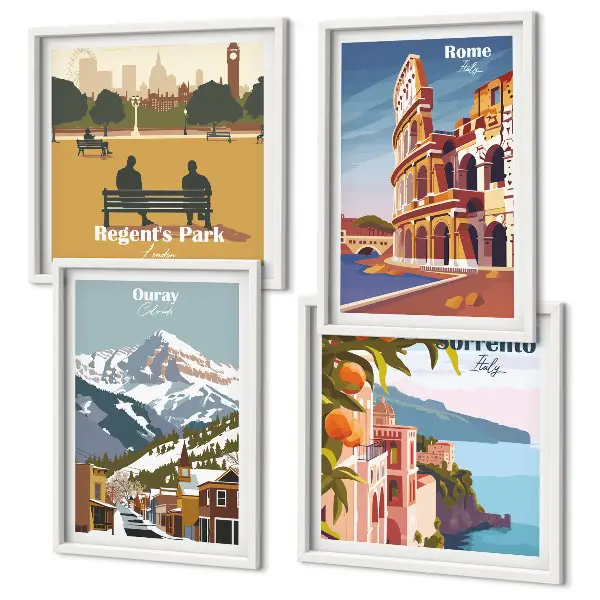 Set de 4 cuadros para salón con ilustraciones retro de lugares famosos