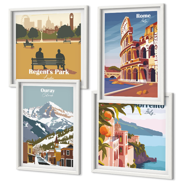 Set de 4 cuadros para salón Ilustraciones retro de lugares famosos