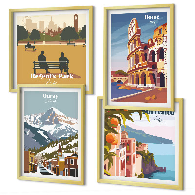 Set de 4 cuadros para salón Ilustraciones retro de lugares famosos