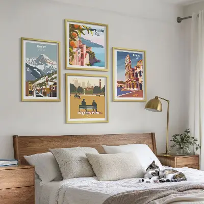 Set de 4 cuadros para salón con ilustraciones retro de lugares famosos