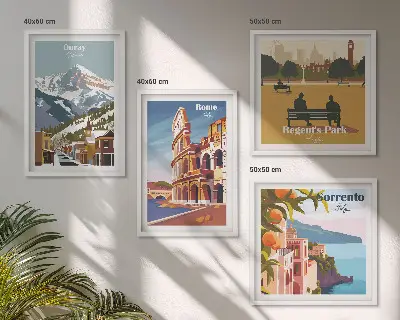 Set de 4 cuadros para salón con ilustraciones retro de lugares famosos