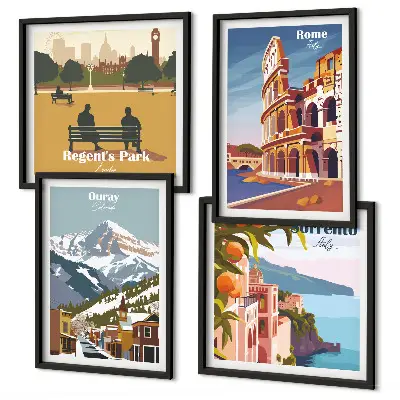 Set de 4 cuadros para salón con ilustraciones retro de lugares famosos