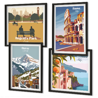 Set de 4 cuadros para salón Ilustraciones retro de lugares famosos