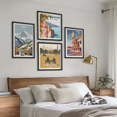 Set de 4 cuadros para salón con ilustraciones retro de lugares famosos