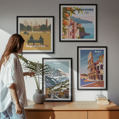 Set de 4 cuadros para salón Ilustraciones retro de lugares famosos