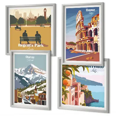 Set de 4 cuadros para salón con ilustraciones retro de lugares famosos