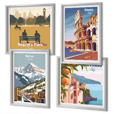 Set de 4 cuadros para salón Ilustraciones retro de lugares famosos