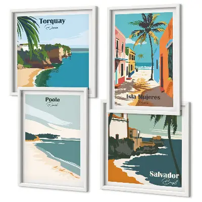 Set de cuadros modernos para salón con diseño de playas tropicales y palmeras